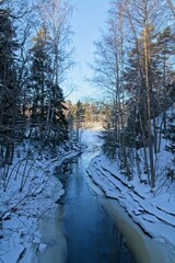 Canal view in winter with ice and snow at Kitö, Finland.