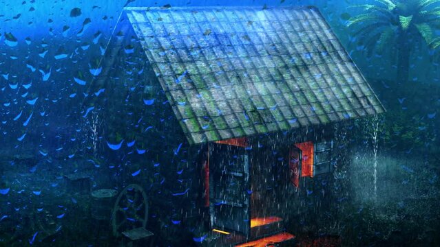 4K Video Of Rain Glass, Cold Night Rain Falling On Glass, Heavy Rain Fell On The Tile Roof Of The Old House, Rain Falling And Thunder, Raining At Night. Rainy Videos Are Used To Relax, Study