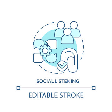 Social listening turquoise concept icon. Monitoring. Research for content design abstract idea thin line illustration. Isolated outline drawing. Editable stroke. Arial, Myriad Pro-Bold fonts used