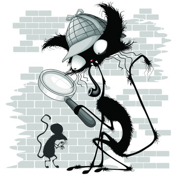 Cat Cartoon Sherlock Holmes Parody funny Cartoon Character and mouse shadow on the Wall Vector Illustration 
