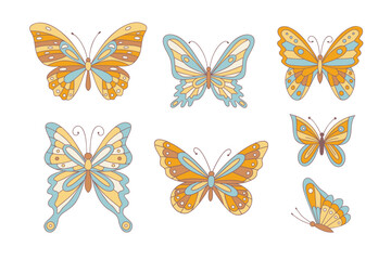 Naklejka na ściany i meble Collection of retro butterflies in 60s 70s style isolated on white. Flowers Child, Vintage, Hippie Style butterflies set. Vector illustration in retro style.