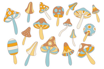 Collection of retro stile mushrooms in 60s 70s isolated on white. Flowers Child, Vintage, Hippie Style fly agaric, amanita set. Vector mushrooms in retro style.