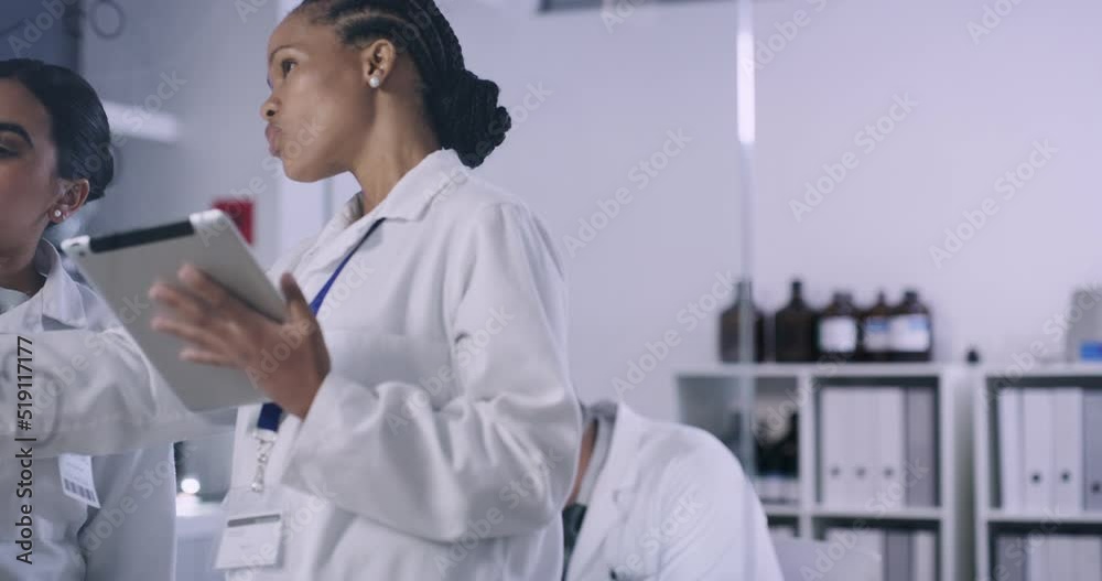 Poster Research scientists writing and discussing chemical formulas on a glass board. Chemical and biological laboratory technicians using modern technology while brainstorming and working in medical lab