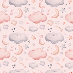 Seamless pattern with blue clouds, gold stars and moons. Watercolor hand drawn kids illustration. white isolated nursery background