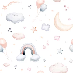 Seamless pattern with blue clouds, rainbow gold stars and moons. Watercolor hand drawn kids illustration. white isolated nursery background © kris_art