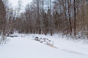 River view in winter with ice and snow, Nukarinkoski rapids, Finland.
