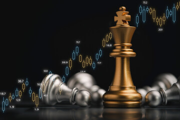 Golden king standing and silver pawn chess falling with stock market graph chart for business analysis strategy concept. - obrazy, fototapety, plakaty