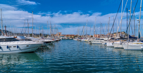 Denia marina Alicante Spain with boats yachts and view to castle