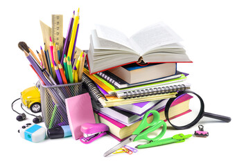 School supplies with opened book isolated on a white background