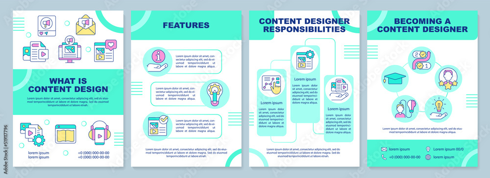 Wall mural What is content design green brochure template. Leaflet design with linear icons. Editable 4 vector layouts for presentation, annual reports. Arial-Black, Myriad Pro-Regular fonts used