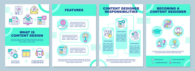 What is content design green brochure template. Leaflet design with linear icons. Editable 4 vector layouts for presentation, annual reports. Arial-Black, Myriad Pro-Regular fonts used