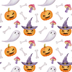 Seamless pattern for Halloween party. Pumpkin, witch hat and ghost. Bright watercolor endless pattern with bones on white