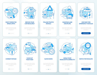 Driving safety blue onboarding mobile app screen set. Regulations walkthrough 5 steps editable graphic instructions with linear concepts. UI, UX, GUI template. Myriad Pro-Bold, Regular fonts used