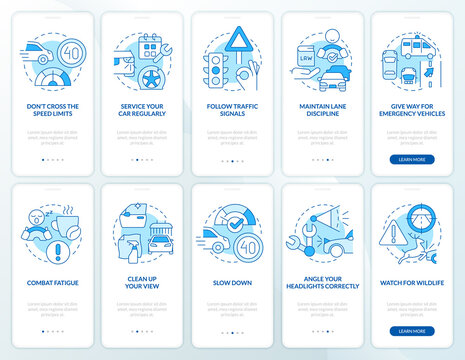 Driving safety blue onboarding mobile app screen set. Regulations walkthrough 5 steps editable graphic instructions with linear concepts. UI, UX, GUI template. Myriad Pro-Bold, Regular fonts used
