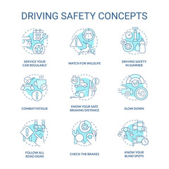 Driving safety turquoise concept icons set. Speed limits. Road signs and rules. idea thin line color illustrations. Isolated symbols. Editable stroke. Roboto-Medium, Myriad Pro-Bold fonts used