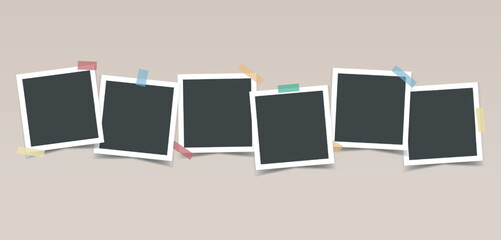Black photo frames with color adhesive tape on beige background. Vector realistic mockup. Six empty square photo cards with white border in a row. Blank Template for collages and design. EPS10.