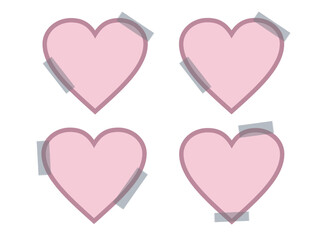 Set of pink hearts with duct tape. Mockup for your design. Four empty hearts with a frame. Holiday card, banner, poster. Blank template isolated on white. Vector EPS10.