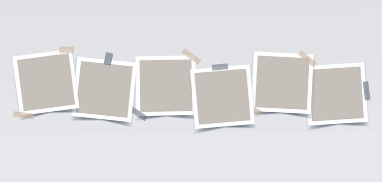 Beige empty photo frames with duct tape in a row. Vector realistic mockup for design, presentations, photos. Six square photo cards with white border. Blank Template. EPS10.