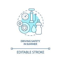 Driving safety in summer turquoise concept icon. Situational driving safety abstract idea thin line illustration. Isolated outline drawing. Editable stroke. Arial, Myriad Pro-Bold fonts used