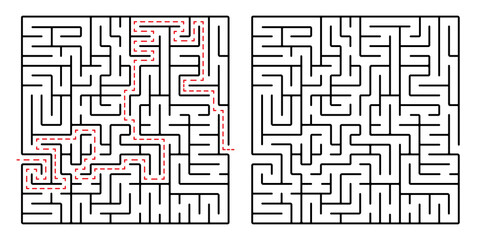 Square maze, a simple logic game with labyrinths. Vector maze game.