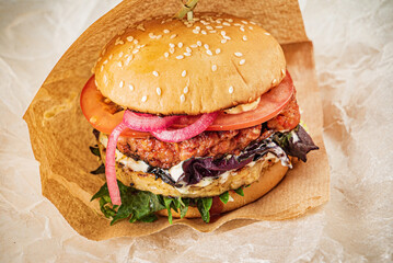 burger with steak and vegetables