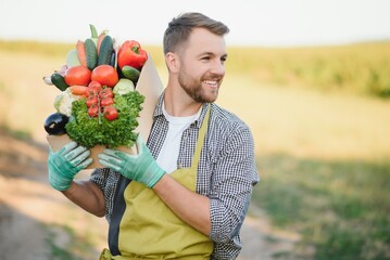 farmer holding a crate of bio vegetables in the farm. Happy man showing box of harvested vegetables.