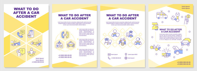 What to do after accident brochure template. Leaflet design with linear icons. Editable 4 vector layouts for presentation, annual reports. Arial-Black, Myriad Pro-Regular fonts used - obrazy, fototapety, plakaty