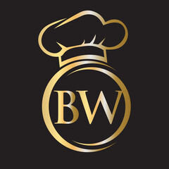 Initial Letter BW Restaurant Logo Template. Restaurant Logo Concept with Chef Hat Symbol Vector Sign
