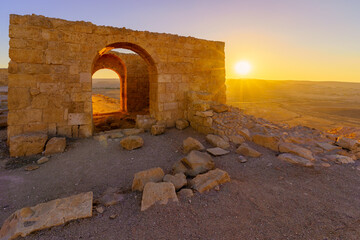 Sunset with ancient ruins,  Nabataean city of Avdat