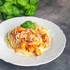 pasta spaghettitomato sauce chicken meat  fresh healthy meal food snack diet on the table copy space food background 