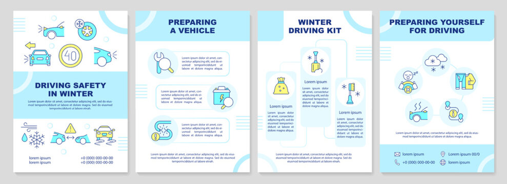 Wintertime Driving Safety Rules Brochure Template. Leaflet Design With Linear Icons. Editable 4 Vector Layouts For Presentation, Annual Reports. Arial-Black, Myriad Pro-Regular Fonts Used