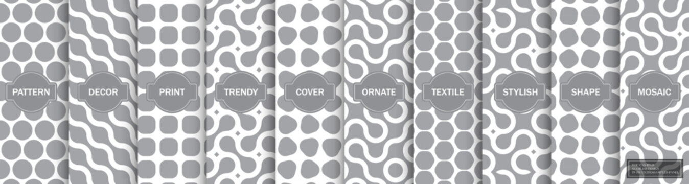 Collection of gray seamless geometric patterns. Monochrome stylish decorative textures. You can find endless backrounds in swatches panel