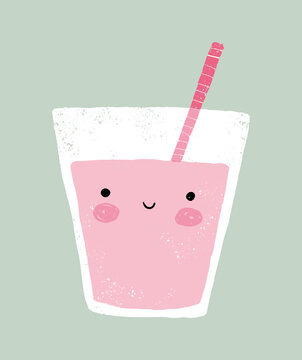 Cute Vector llustration of a Glass of Strawberry Shake. Smiling Glass of Pink Juice on a Mint Blue Background. Funny Grunge Nursery Kawaii Style Print with Happy Pin Drink with Straw.