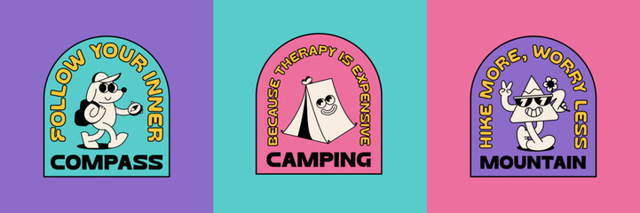 Set of Funny Retro Illustration with Funny Quotes. Vector Characters in Vintage Style. Outdoor Summer Camp Logo