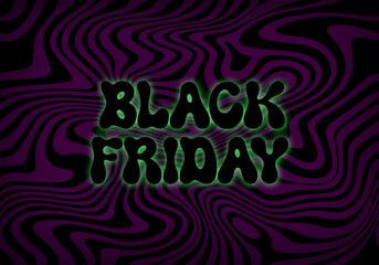 Black Friday Sale Banner in Retro Hippie Style. Vintage Glowing Text on Dark Groovy Swirl Background. Vector Advertising Illustration