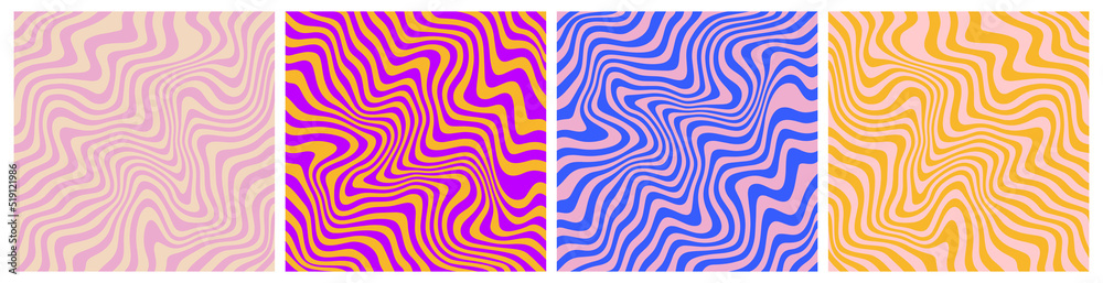 Fototapete Vector Set of Wavy Seamless Trippy Patterns in Psychedelic Colors. Abstract Swirl Backgrounds. 1970 Aesthetic Textures with Flowing Waves