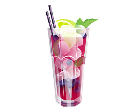 Blueberry mojito with blueberries, lime, mint and ice cubes.A summer, refreshing drink in a tall glass with straws.Vector illustration .