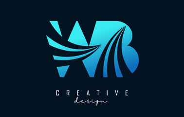 Creative blue letters WB w b logo with leading lines and road concept design. Letters with geometric design.