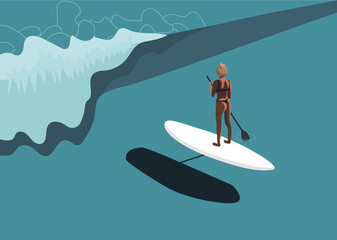 Summer illustration of beautiful girls in a swimsuit on the surf. Horizontal, minimalistic flat illustration, sea, ocean, wave.