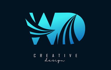 Creative blue letters WD w d logo with leading lines and road concept design. Letters with geometric design.