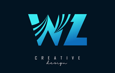 Creative blue letters WZ w z logo with leading lines and road concept design. Letters with geometric design.