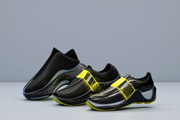 Set of the black  sneakers on the sole. The concept of bright fashionable sneakers, 3D rendering.