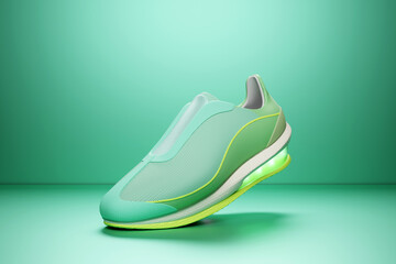 Green sneakers on the sole. The concept of bright fashionable sneakers, 3D rendering.