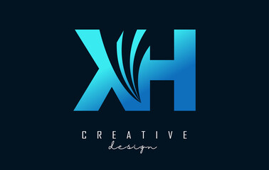 Creative blue letters XH x h logo with leading lines and road concept design. Letters with geometric design.