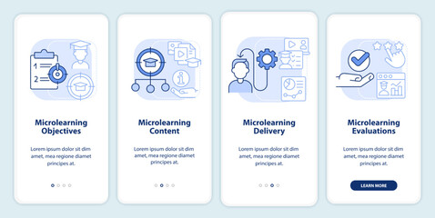 Microlearning components light blue onboarding mobile app screen. Walkthrough 4 steps editable graphic instructions with linear concepts. UI, UX, GUI template. Myriad Pro-Bold, Regular fonts used