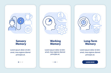 Microlearning process light blue onboarding mobile app screen. Walkthrough 3 steps editable graphic instructions with linear concepts. UI, UX, GUI template. Myriad Pro-Bold, Regular fonts used