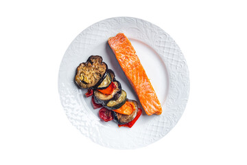 fried salmon and eggplant second course fresh dish healthy meal food snack diet on the table copy space food background rustic top view keto or paleo diet