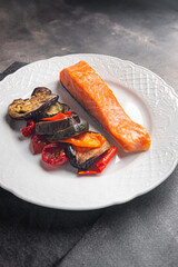 fried salmon and eggplant second course fresh dish healthy meal food snack diet on the table copy space food background rustic top view keto or paleo diet