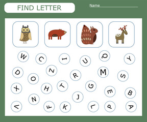 Find the first letter and match with the picture, a game for kids to learn the alphabet. Worksheet for printing. Educational game for children.