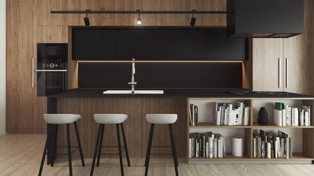 Animacja przedstawiająca wnętrze nowoczesnego domu o otwartym planie z pokojem dziennym, kuchnią, jadalnią, home office oraz biblioteczką na antresoli. Za oknem widać otwarty basen.